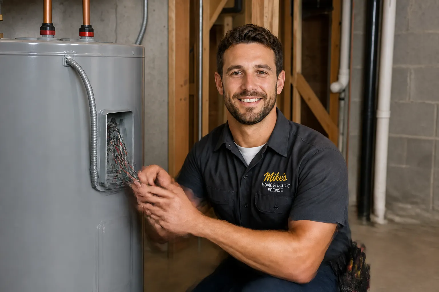 Technician installing a water heater on a job site
